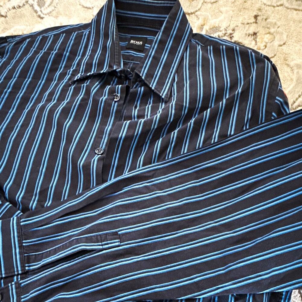 BOSS Hugo Boss Men's L Black/Blue Striped Long Sleeve Dress Shirt